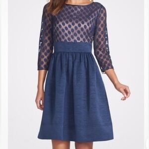 Eliza J Party Cocktail Lined Dot Mesh Bodice‎ Fit & Flare Navy Zip Back Dress 8